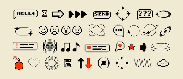 Pixels and geometric line elements set Y2k trendy stickers Mood of 90s aesthetics 8bit retro style