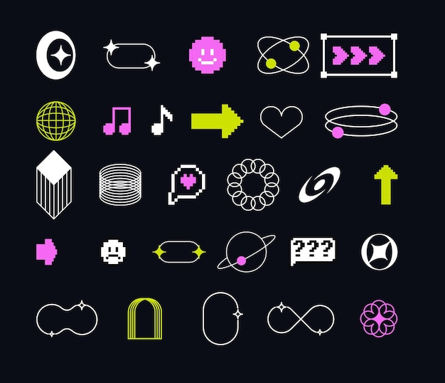 pixels and geometric line elements set y2k trendy stickers mood of 90s aesthetics 8bit retro style