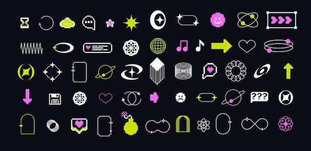 pixels and geometric line elements set y2k trendy stickers mood of 90s aesthetics