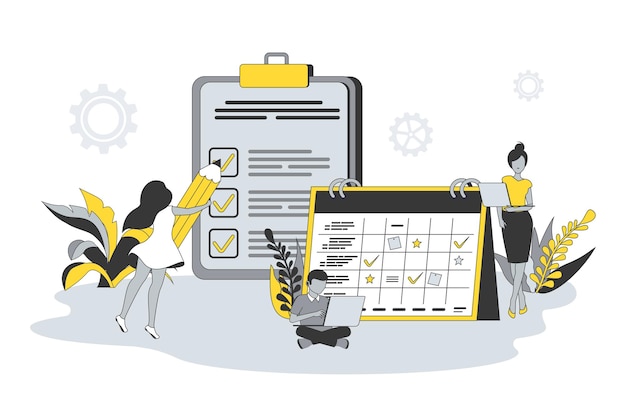 Planning and time management concept in flat line design People schedule appointments on calendar