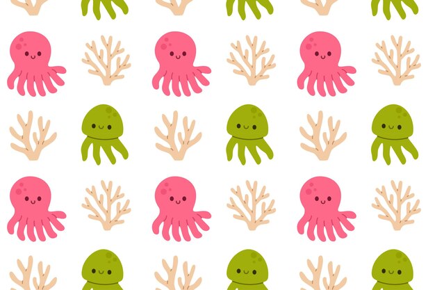 playful seamless pattern with pink and green octopuses and beige coral