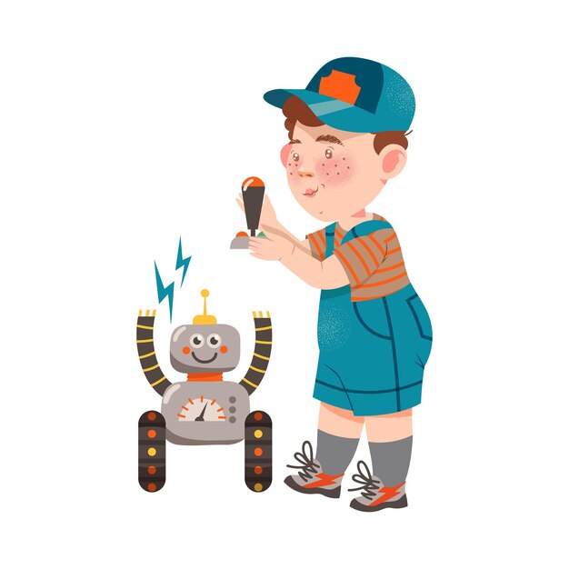 pleased boy in baseball cap and shortalls controlling robot with console panel vector illustration