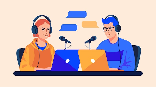Podcast-nainen ja -mies sarjakuvatyyli vektori kuvitus 10 eps