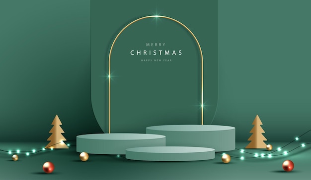 Podium shape for show cosmetic product display for christmas day or new years Stand product showcase on red background with lighting christmas vector design