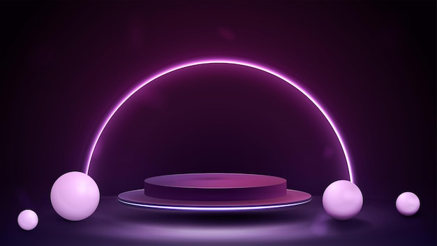 Podium with realistic spheres and neon semicircle on background 3d dark and purple abstract scene