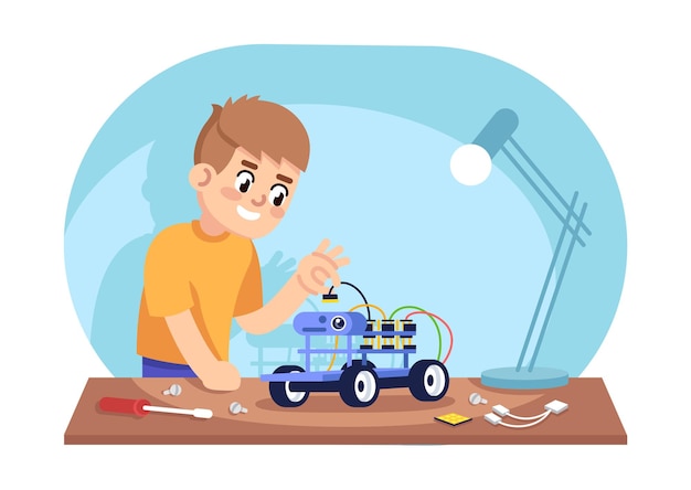 Poika kokoaa robottiautoa tasainen vektorikuva