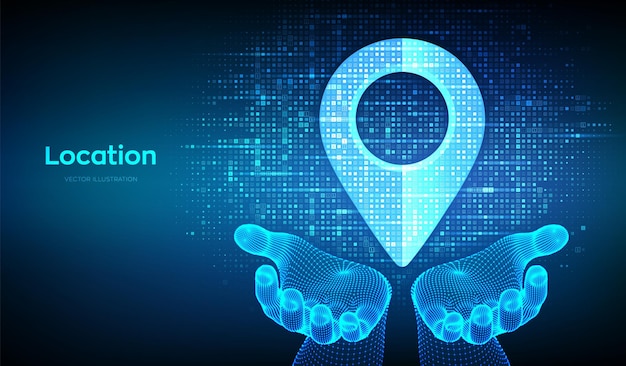 Point of location icon made with binary code in wireframe hands Pointer of map Gps pointer Navigation pin point global position system symbol Digital background with digits 1 0 Vector Illustration