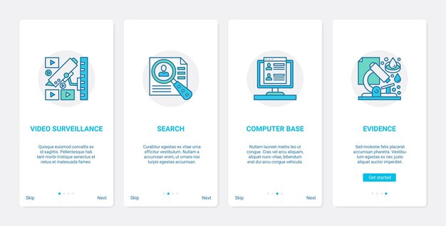 Poliisitutkinta rikoskonseptista UX, UI onboarding mobiilisovellussivunäyttöjoukko