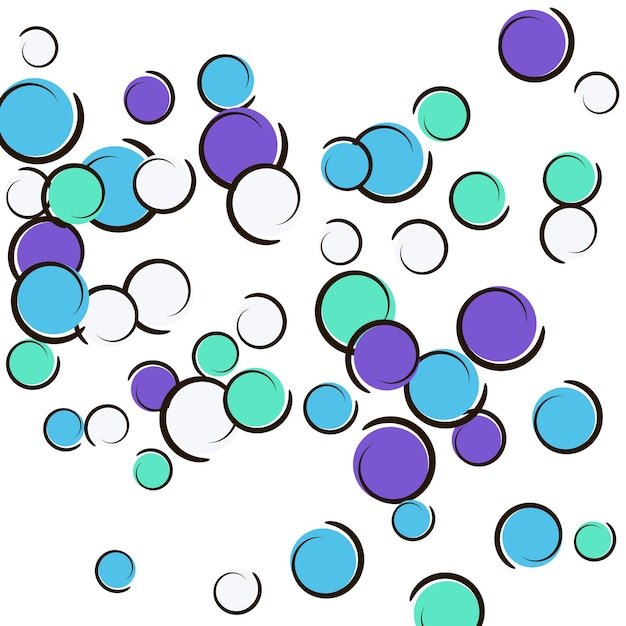 Polka dot background with comic pop art confetti. Big colored spots, spirals and circles on white. Vector illustration. Plastic childish splash for birthday party. Rainbow polka dot background.