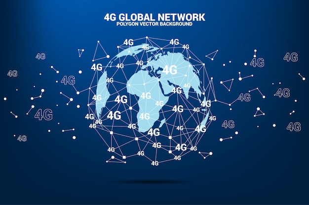 Polygon dot connect line with 4G around world map globe. 