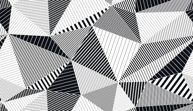 Polygonal linear black and white seamless pattern, graphic monochrome low poly striped endless wallpaper background.