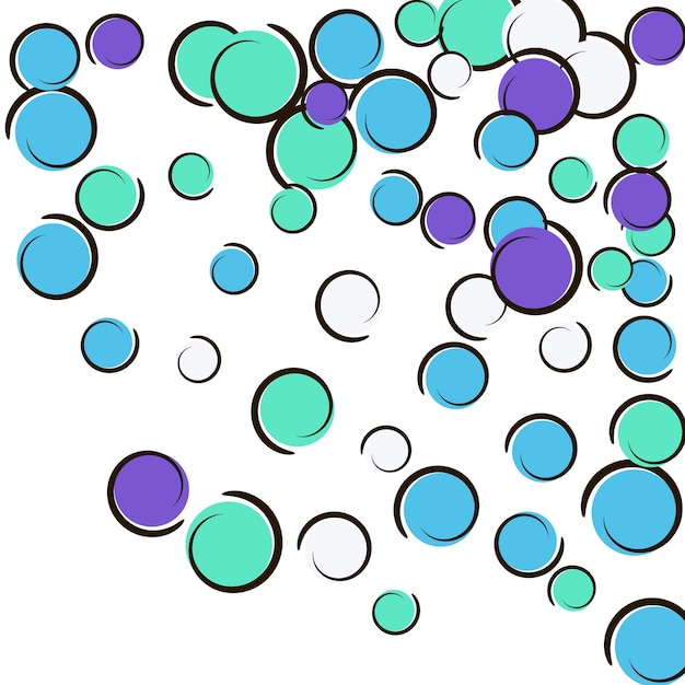 Pop art background with comic polka dot confetti. Big colored spots, spirals and circles on white. Vector illustration. Bright childish splash for birthday party. Rainbow pop art background.