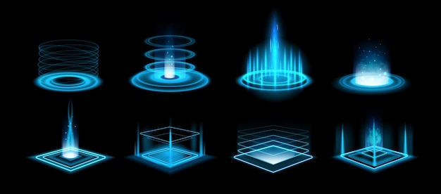 Portal Blue futuristic neon glow hologram game stage with sparkles and vortex teleport podium with light beams HUD portals energy with blue rays 3D tech vector product platform set