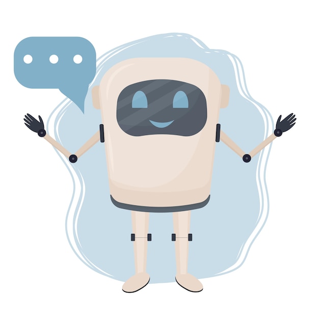 Positiivinen hahmo chatbot-robotti seisoo sarjakuvatyyliin eristettynä