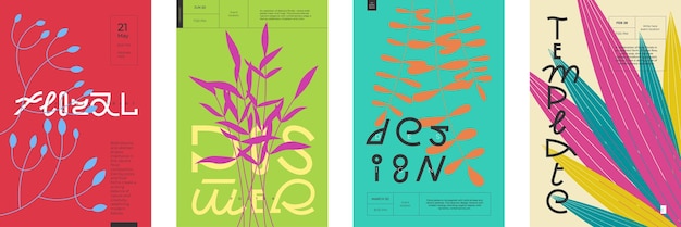 Poster layouts feature abstract graphic leaves branch and plants on trendy color backgrounds with