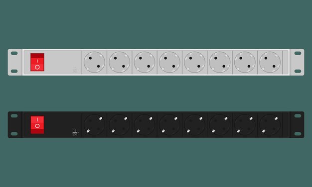Power distribution unit with 8 sockets of type F Rackmount 1U panel for 19 inch server rack Vector illustration in flat style