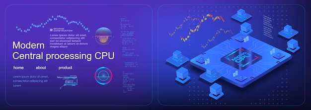 Powerful computer chip Process of the central processor on futuristic cyber background Processor for processing large amounts of information Cyber banner with presentation next generation processor