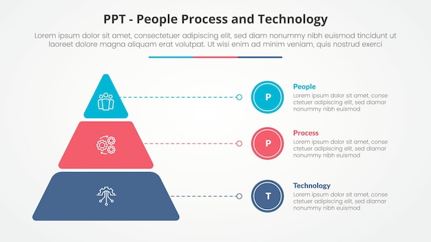 PPT framework infographic concept for slide presentation with round pyramid and line pointer with 3 point list with flat style