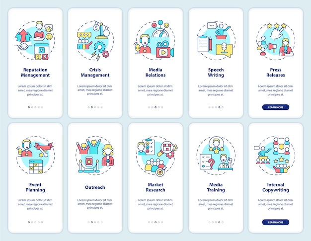 PR services onboarding mobile app screen set