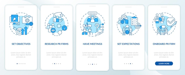 PR-toimiston palkkaaminen sininen mobiilisovelluksen aloitusnäyttö Valitse toimisto läpikäynti 5 vaiheen graafiset ohjesivut lineaarisilla konsepteilla UI UX GUI -mallinnus Myriad ProBold Regular -fontteja käytetty