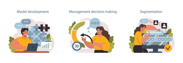 Predictive analytics set Process of using data to forecast future outcome Business ideas or decisions development Character processing big data Outlook or forecast Flat vector illustration