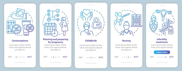 Pregnancy planning and prenatal care blue onboarding mobile app page screen vector template. Women healthcare. Walkthrough website steps with linear icons. UX, UI, GUI smartphone interface concept