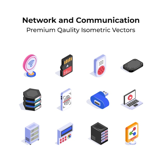 Premium quality network and communication isometric icons