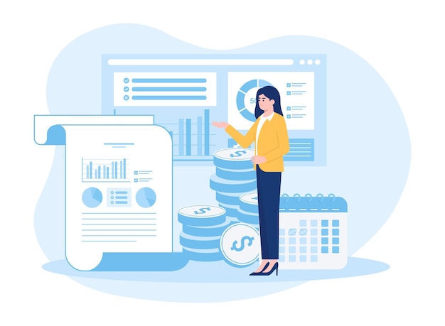 prepare monthly reports calendars charts statistics and digital technology concept flat illustration