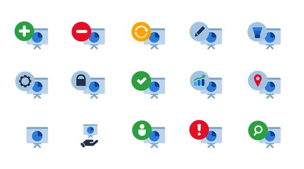 Presentation board icon set collection vector isolated graphic symbol of training business analysis