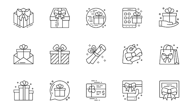 presents icons set in outline stroke design for web pack line pictograms with birthday gift box bow letter scroll tag bag chat message discount card certificate other vector illustration