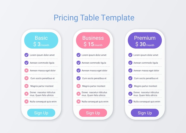 Price table template. Comparison data plans. Pricing chart grid. Spreadsheet page.