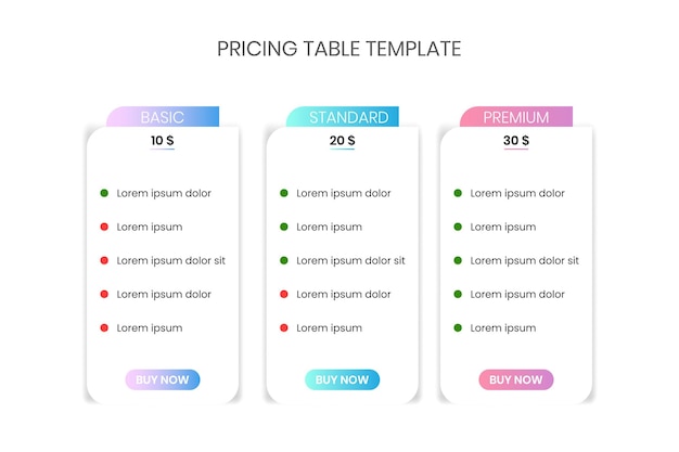 price table template, subscription plan pricing table, web service checklist UI template design.