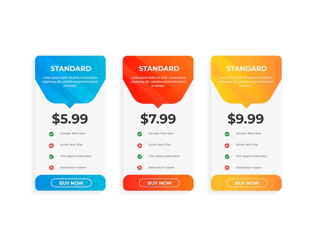 Pricing table design with subscription plans