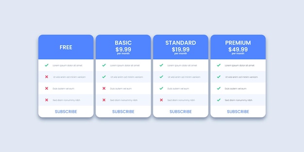 pricing table template for website