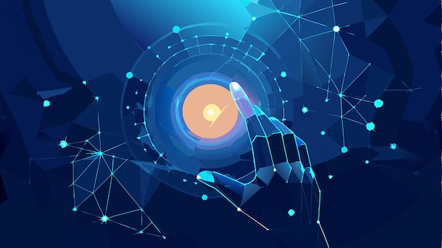 print abstract digital human hand touching glowing dot vector illustration in modern futuristic art