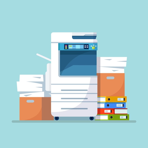 Printer, office machine with paper, document stack in carton box. Scanner, copy equipment. Paperwork. Multifunction device