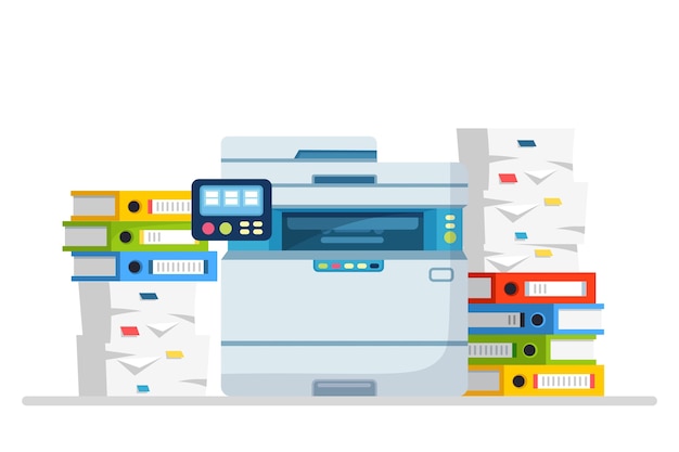 Printer, office machine with paper, document stack. Scanner, copy equipment.