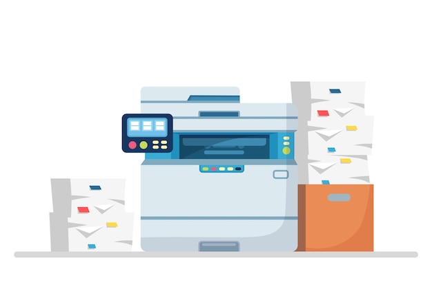 Printer, office machine with paper, document stack.