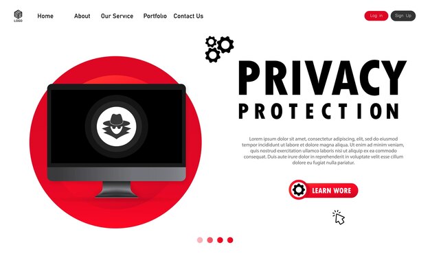 Privacy protection on computer banner. Confidential process of work. Vector on isolated white background. EPS 10.