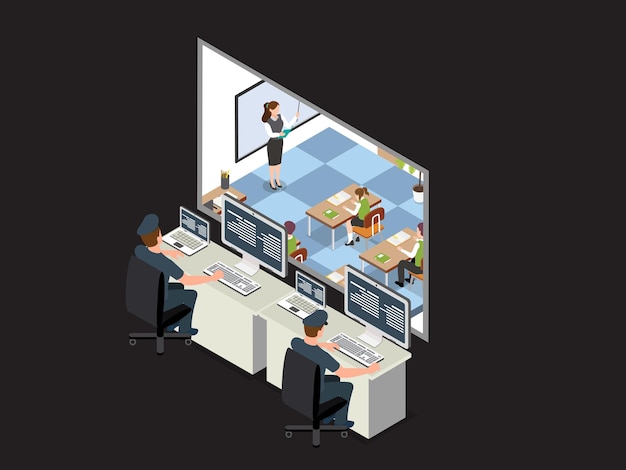 Private school with security cctv in class 3d vector