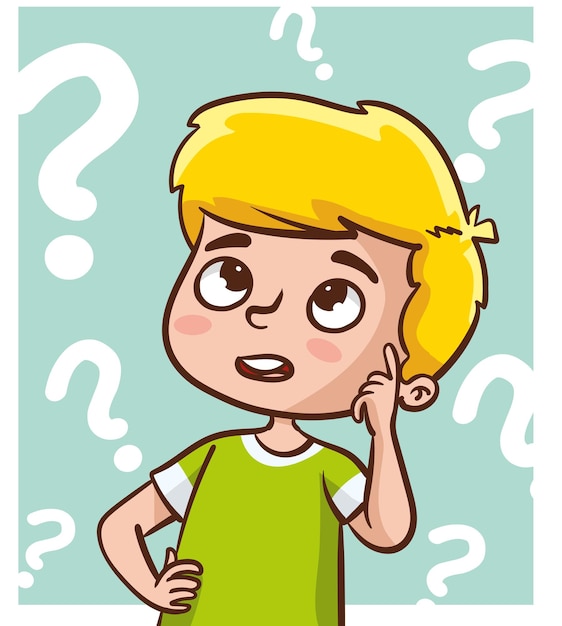 problem solving concept cute kid boy thoughtful ask question confused kid and happy to understand