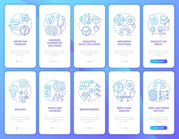 Problem solving navy onboarding mobile app page screen set