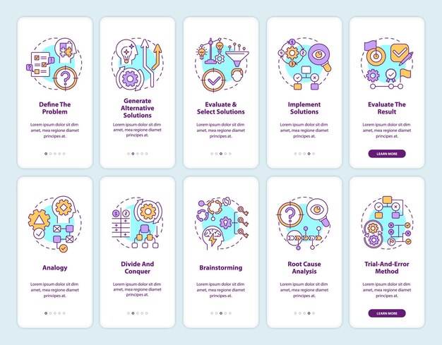 Problem solving onboarding mobile app page screen with concepts set