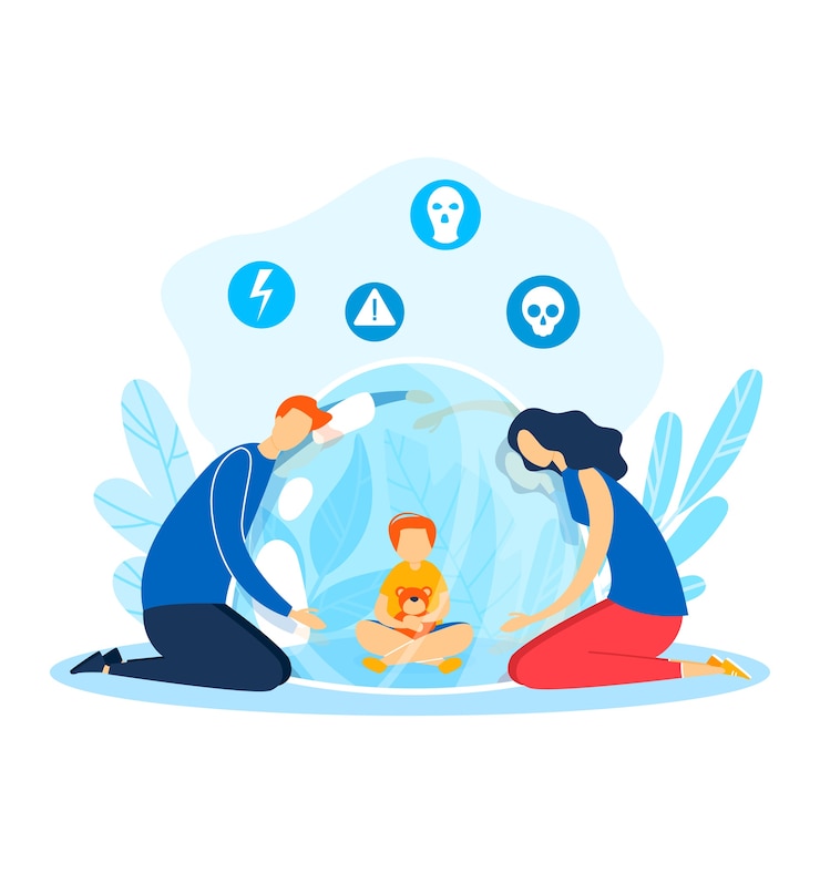 Vektori problem with kid,  family people around  child character,  illustration. cartoon girl close up from parent