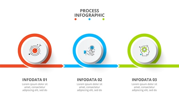 Process chart infographic with 3 circle elements placed in horizontal row.