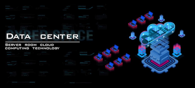 Process of work server processing center and data calculation through web hosting Data center and cloud computing isometric concept