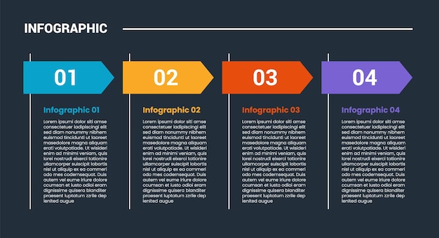 process stages workflow infographic dark outline for slide presentation with open table with arrow header badge with standing line with 4 point list