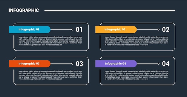 process stages workflow infographic dark outline for slide presentation with round rectangle box with badge on side with 4 point list
