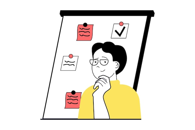 Productivity workplace concept with people scene in flat web design Man creates workflow and developing job strategy at presentation Vector illustration for social media banner marketing material