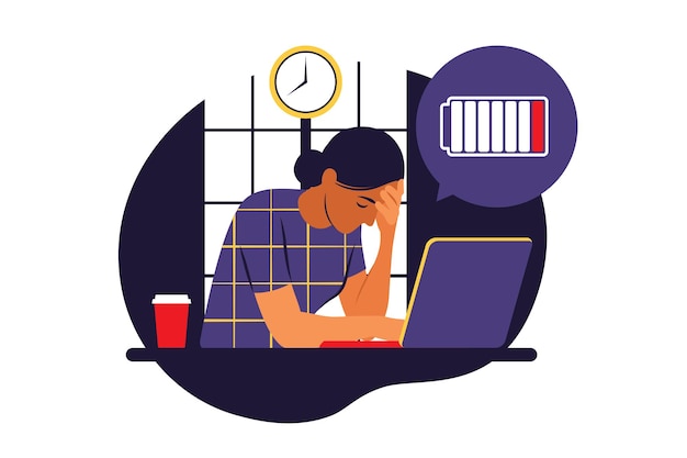 Professional burnout syndrome. Frustrated worker, mental health problems. Vector illustration. Flat